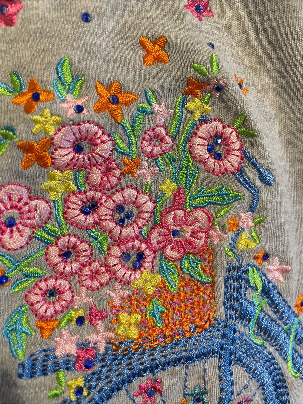 Quacker Factory 1X Gray Bicycle Floral Embroidered Rhinestone Top Knit Tee - Picture 5 of 7